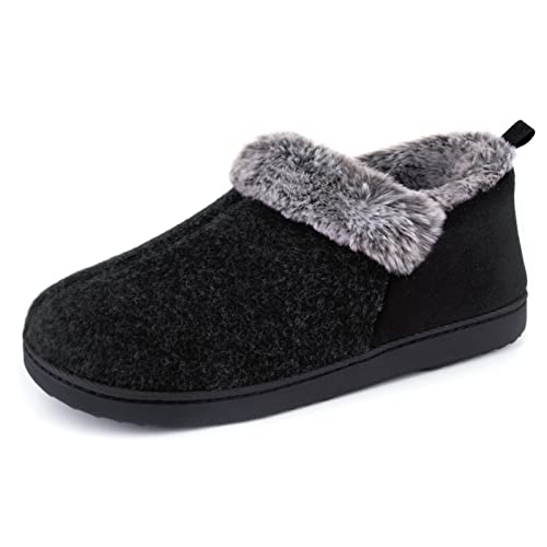ULTRAIDEAS Women's Memory Foam House Slippers with Hard Bottom, Fur Lined House Shoes with Non-Slip Rubber Sole for Indoor & Outdoor (Dark Black, Size 8)
