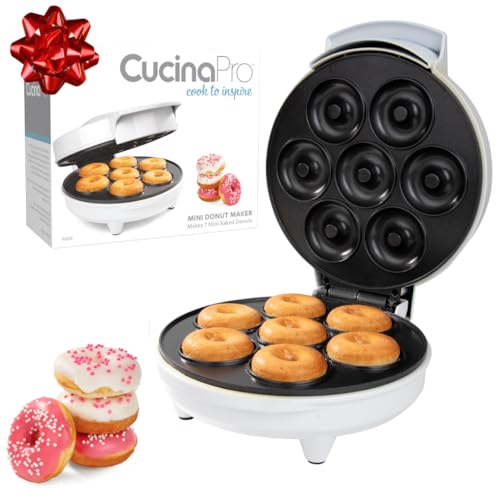 Mini Donut Maker- Electric Non-Stick Surface Makes 7 Small Doughnuts, Decorate, Frost or Ice Your Own for Kid Friendly Treat- Unique Xmas Baking Activity for Adults, Fun Christmas Holiday Dessert Gift