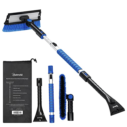 AstroAI 47.2' Ice Scrapers for Car Windshield, 3 in 1 Sturdy Snow Brush with Squeegee, 10 Adjustable Length Settings, Extendable Aluminum Handle, 270° Pivoting Snow Scraper for Car, Truck, SUV(Blue)