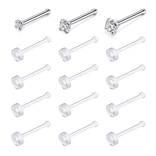 D.Bella 15pcs 20G Clear Bioflex Retainer & Stainless Steel Diamond CZ Nose Bone Pin Straight Studs Rings Piercing Jewelry 1.5mm 2mm 2.5mm