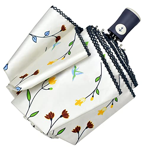 Cuby UV Sun Umbrella Compact Folding Travel Umbrella Auto Open and Close for Windproof, Rainproof & 99.9% UV Protection Parasol with Black Anti-UV Coating (Butterfly flower)