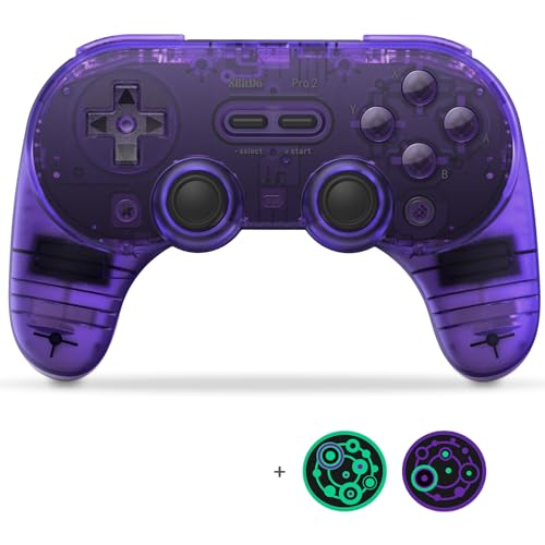 AKNES 8BitDo Pro 2 Bluetooth Wireless Controller for Switch/Switch OLED with Joycon Thumb Grip Caps - Gamepads for Steam Deck, MacOS, iOS, PC, Android & Raspberry Pi (Clear/Transparent Purple)