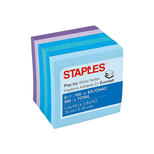 Staples Stickies 3' x 3' Assorted Watercolor Pop-Up Notes, 6/Pack of 100= 600 Notes Pads