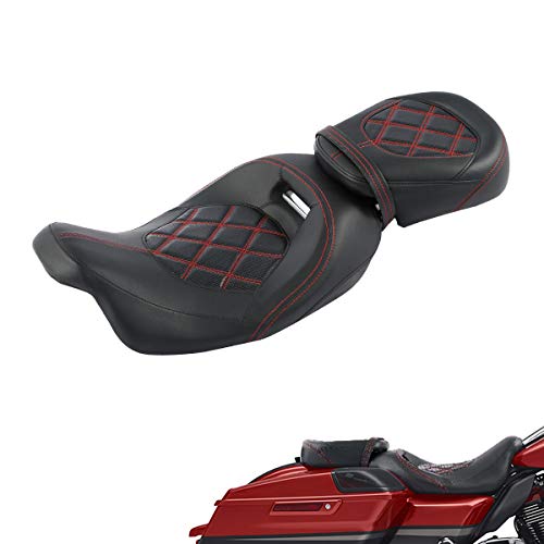 Low-Profile Driver Passenger 2-UP Seat Set Red Stitching Fit For Harley Touring Road King FLHR Street Glide FLHX 2009-Later Road Glide FLTRX CVO Street Glide FLHXSE Electra Glide FLHTCU