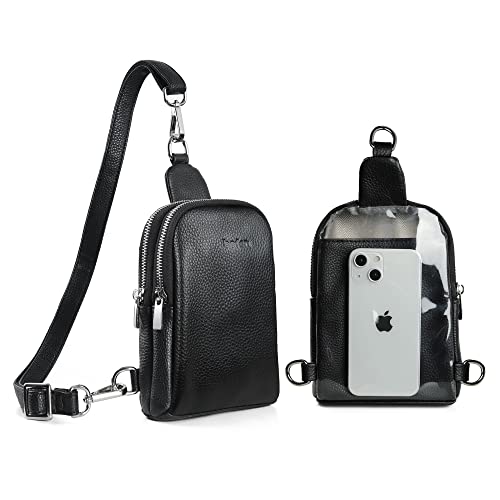 befen Genuine Leather Crossbody Sling Bags for Women,Genuine Leather Crossbody Bags Fanny Packs Belt Bag Cell Phone Wallet Purse for Women Adult Walking(Black Touch Screen)