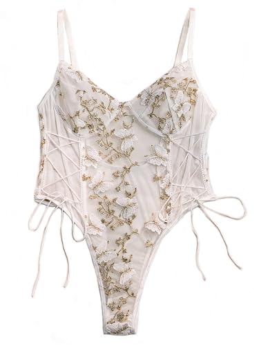 Lilosy Women Sexy Lace Up Butterfly Embroidered Teddy Babydoll Lingerie Bodysuit Top Mesh Sheer One Piece See Through Light Butterfly White Small