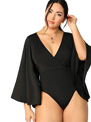 SheIn Women's Plus Plain Deep V Neck Long Bell Sleeve Bodysuit Flare Sleeve Top Black XX-Large