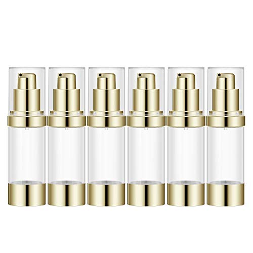 Lil Ray 1 Oz Refillable Airless Pump Bottle, Empty Travel Lotion Container, Plastic Cosmetic Dispenser for Liquid foundation, Lotion, Essential oil, Shampoo (6PCS,Light Gold)