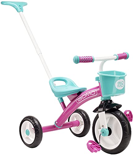 GOMO Kids Tricycles for 2 Year Olds, 3 Year Olds & Kids 1-6, Big Wheels Baby Bike Toddler Bikes - Trikes for Toddlers with Push Handle (Pink/Teal)