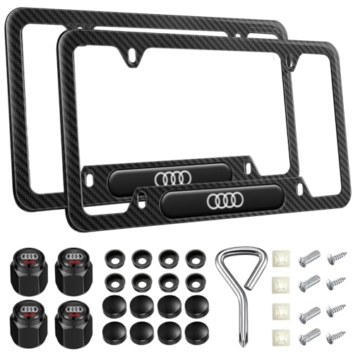 2PCS Black License Plate Frames Compatible for Audi, Carbon Fiber License Plate Holder, Premium Aluminum Alloy Weather Proof License Plate Covers with Screw Caps Cover Set Car Accessories
