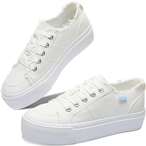 Obtaom Women Platform Canvas Sneakers White Comfort Play Fashion Sneakers Casual Lift Platform Lace Up Shoes Cute Low Top Walking Shoes for Lady(White,US7)