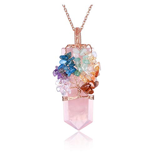 Jovivi 7 Chakra Gemstone Tree of Life Necklace Wire Wrapped Natural Rose Quartz Healing Crystal Pointed Pendant Necklace Facted Stone Jewelry for Women Mothers Day Gifts