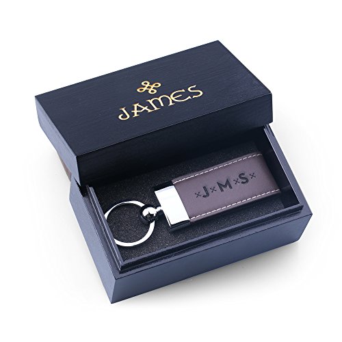 New Town Creative Personalized Dark Brown Leather Key Chain with Black Wooden Gift Box - Best Gifts for Dad, Father, Boyfriend, Groomsmen, Men (Dark Brown Keychain with Black Box)