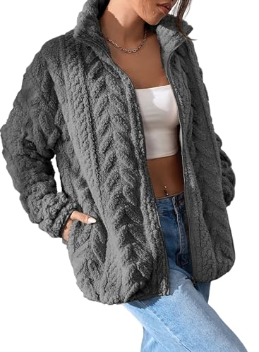 Dokotoo Women Fleece Winter Jackets Zip Up Casual Teddy Bear Long Sleeves Tops Side Pockets Oversized Short Coats Baggy Outwears,Gray XX-Large