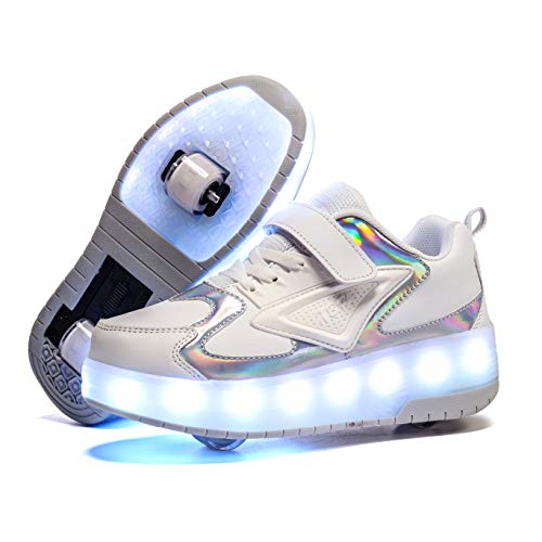 HHSTS Kids Shoes with Wheels LED Light Color Shoes Shiny Roller Skates Skate Shoes Simple Kids Gifts Boys Girls The Best Gift for Party Birthday Christmas Day(3.5 Big Kid,White)
