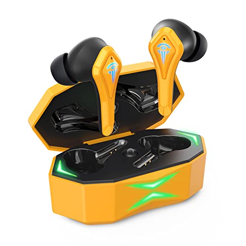 Gaming Wireless Earbuds, QTREE Bluetooth 5.2 in-Ear Game Earphones 50ms Low Latency IPX5 Noise Cancelling Mic, 36H Play time Headphones, Gaming/Deep Bass Music Mode for iPhone and Android(Yellow)