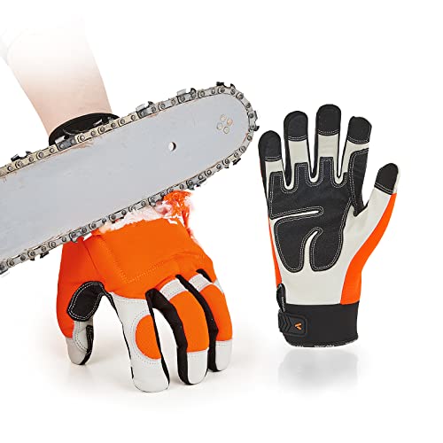 Vgo... Chainsaw 12-Layer Saw Protection on Both Hands Cow Leather Gloves (1 Pair,Size L, Orange, CA9760)