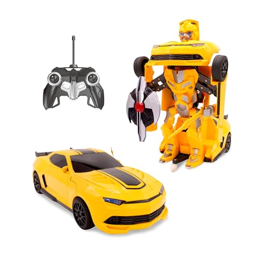 Kids RC Toy Sports Car Transforming Robot Remote Control with One Button Transformation, Realistic Engine Sounds, 360 Speed Drifting, Sword and Shield Included Toys For Boys 1:14 Scale Yellow