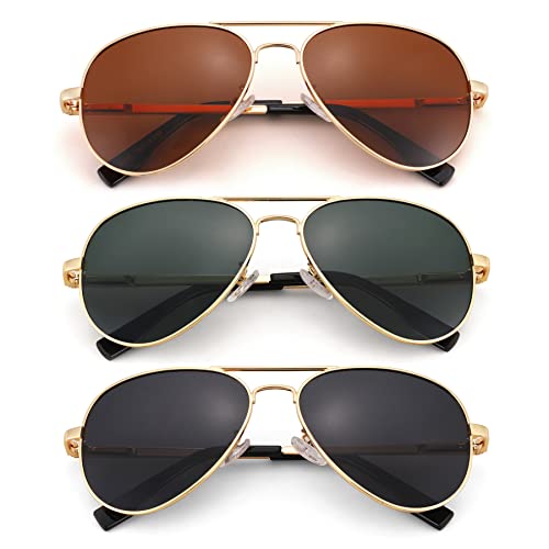 AZorb Polarized Aviator Sunglasses for Men Women Metal Frame Retro Shades UV400 Lens Protection Driving Sun Glasses - 3 Pair