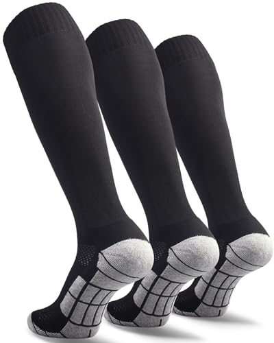 CWVLC Boy's Soccer Socks Youth Sport 3 Pairs Team Athletic Knee High Long Tube Cotton Compression Socks Black Small (3Y-5Y Youth/ 4-6 Women)