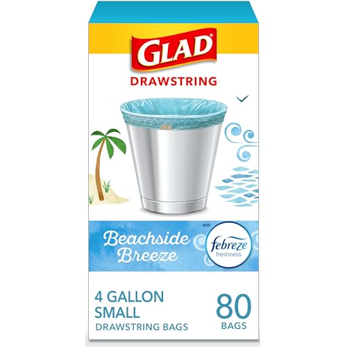 Glad Trash Bags, Small Kitchen Trash Can Drawstring Garbage Bags, 4 Gallon Green Small Trash Bags, Bathroom Trash Bags, Febreze Beachside Breeze, Mini Trash Bags, 80 Count (Package May Vary)
