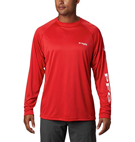 Columbia Men's Terminal Tackle Long Sleeve Shirt, Red Spark/White Logo, Small