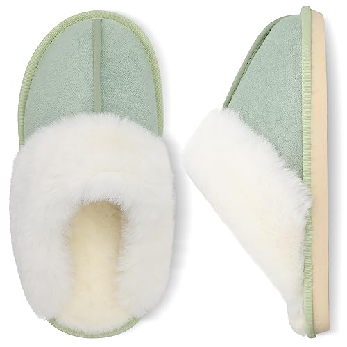 Besroad Women's Fuzzy House Slippers Warm Plush Furry Faux Fur Indoor Outdoor Slippers Shoes for Women Light Green 8-9