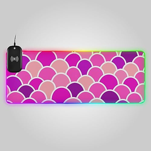 VIGTRO 15W Wireless Charging Pad, Gaming Mouse Pad 14 Light Modes RGB Watercolor Pink Scales, Mermaid Tail Non-Slip Keyboard Mat for PC, Laptop 31.5x11.8in