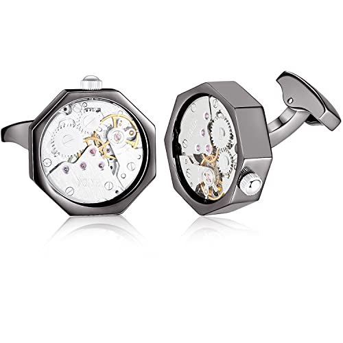 HONEY BEAR Mens Shirt Cufflinks Working Watch Movement for Wedding Business Gift Black