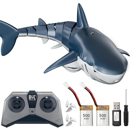 TEMI Remote Control Shark Toys, 1:18 High Simulation Scale Fish with Light and Spray Water for Lake Bathroom Pool Christmas Birthday Gift Electric RC Boat for Kids Ages 6+ Boys