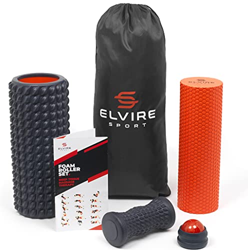 Foam Roller for Exercise - Premium Foam Roller Set 4 in 1 - Includes Massage Roller, Foot Roller, Back Roller, for Exercise & Physical Therapy - Ideal for Yoga, Back, Neck, Legs, Muscles ELVIRE