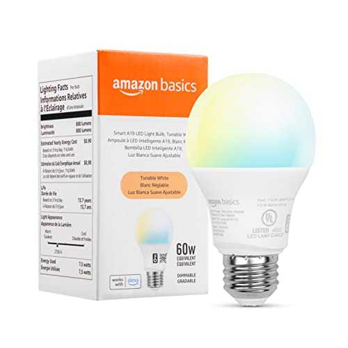 Amazon Basics Smart A19 LED Light Bulb, 2.4 GHz Wi-Fi, 7.5W (60W Equivalent) 800LM, 2200K - 6500K, Works with Alexa Only, 1-Pack, Tunable White