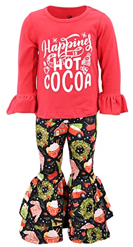 Unique Baby Girls Happiness Is Hot Cocoa Christmas Flare Pants Outfit Clothes (8Y, Red)