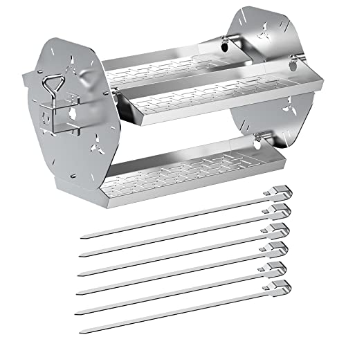 Skyflame Rotisserie Trays with Shish-Kebab Skewer Set, 2 in 1 Stainless Steel BBQ Rotisserie Kit Including Rotating Basket and Skewers, Fits for 3/8' & 5/16' Square, 1/2' & 3/8' Hexagon Spit Rods