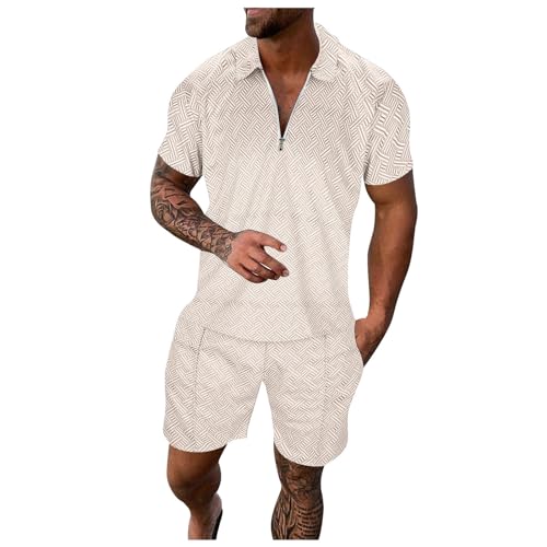 Mens 2 Peice Outfits Striped Gradient Ramp 3D Print Zip UP Short Sleeve Pocketed Polo Shirt Sets Vacation Holiday Summer Tracksuits Shorts Set beach outfits for men with hat