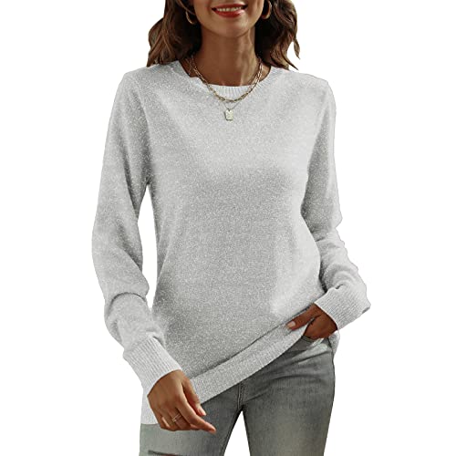 DUTUT Women's Long Sleeve Glitter Tops Crewneck Pullover Sweater Basic Casual Solid Color Tunic Tops Fall Soft Sweater Light Gray