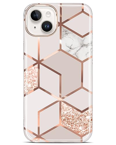 JAHOLAN Designed Case for iPhone 15 Sparkle Glitter Plating Marble Protective Shockproof Slim Drop Protection Hard Back Cover Phone Case for Girls Women 6.1' 2023 Rose Gold