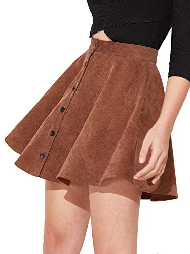 SheIn Women's Button Up Flare A-Line Corduroy Skater Cord Short Skirt Brown