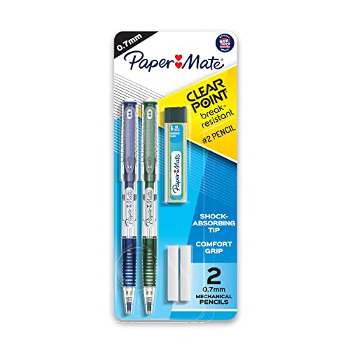 Paper Mate Clearpoint Mechanical Pencils 0.7mm, Break Resistant HB No. 2 Lead, School Supplies, Art Supplies, Drawing Supplies, Sketching Pencils, 2 Pencils Dark Blue, Green, 1 Lead Refill, 2 Erasers