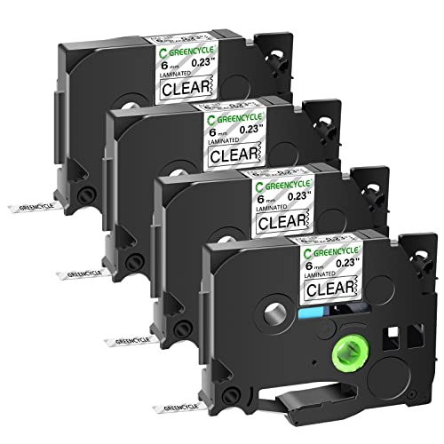 GREENCYCLE 4 Pack 6mm Black on Clear Tape Compatible for Brother TZe-111 TZ111 TZ TZe 6mm 0.23 Inch Clear Laminated Label Tape for Ptouch PT D210 H110 H100 D400 D600 1230PC 1280 1290 Label Maker