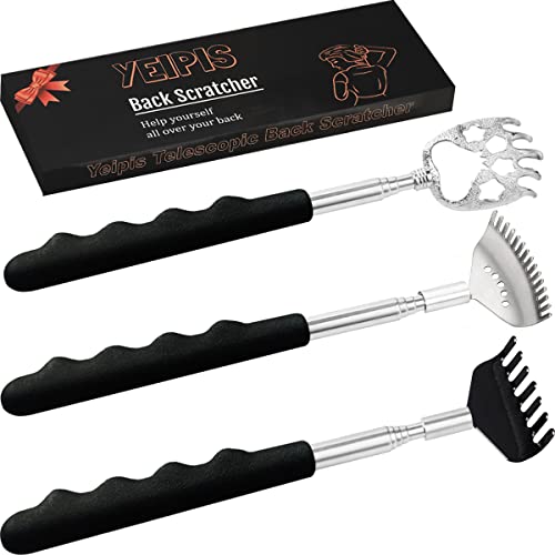 Yeipis 3 Pack Different Back Scratcher Metal Portable Telescoping Back scratchers with Rubber Handles, Extendable Back Massager Tool with Beautiful Box, Gifts for Men Women Kids Adults（Black）