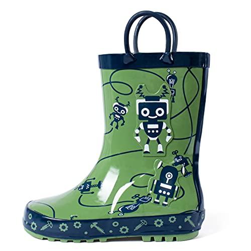 ADAMUMU Toddler Rain Boots Childrens Waterproof Solid Rubber Shoes with Easy-On Handles Loops Insulated Little Kids Boots Lightweight in Cartoon Patterns for Boys & Girls