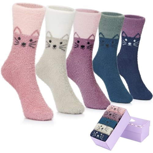 SISOSOCK 5 Pairs Fuzzy Cozy Socks for Women Soft Comfy Warm Home Sleep Casual Cute Socks Gifts for Women