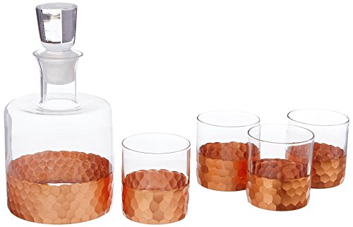 Fitz & Floyd Decorative Whiskey Decanter Set with Top Glass for Wine, Bourbon, Brandy, Liquor, 5 Piece, Copper Daphne