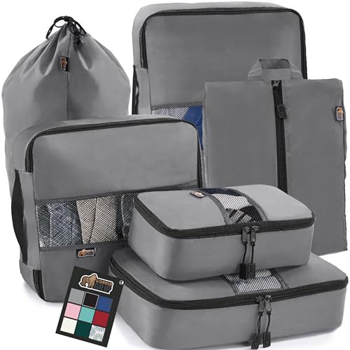 Gorilla Grip 6 Piece Packing Cubes Set, Compression Space Saving Organizers for Suitcases and Luggage, Mesh Window Bags, Travel Essentials for Carry On, Clothes and Shoes, Cube with Zipper, Gray