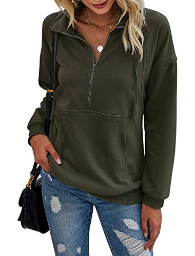 PRETTYGARDEN Women’s Casual Long Sleeve Lapel Zipper Sweatshirt Drawstring Loose Pullover Tops Army Green