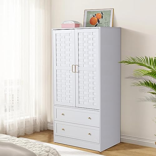 LEVNARY Armoire Wardrobe Closet with 2 Woven Doors, Wardrobe Cabinet with 2 Storage Drawers and Hanging Rail, Freestanding Wooden Closet for Bedroom (White)