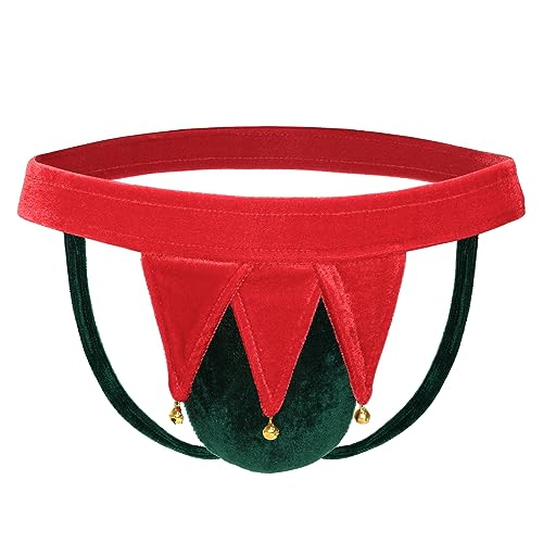 FreeNFond Gag Gift Chritmas Elf Thong Men G-String Mankini Underwear with Jingle Bells (as1, alpha, l, regular, regular, XmasElf)