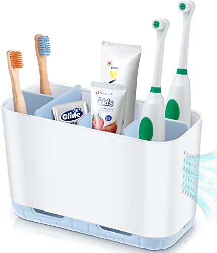 Boperzi Electric Toothbrush Holder for Bathroom Organizer Countertop, Detachable Anti-Slip Blue Toothpaste Storage Caddy 6 Slots White with Drainage Holes for Makeup Brush Razor Stand