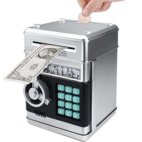 Totola Piggy Bank Electronic Mini ATM for Kids Baby Toy, Safe Coin Banks Money Saving Box Password Code Lock for Children,Boys Girls Best Gift (Silver)